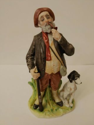 Vintage Capodimonte 1042 Bruno Merli Old Man Smoking Pipe With Dog And Gun