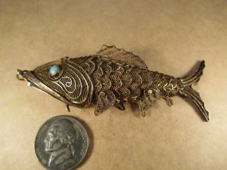 Vtg Chinese Export Sterling Silver Filigree Articulated Fish Pendant,  17.  8g