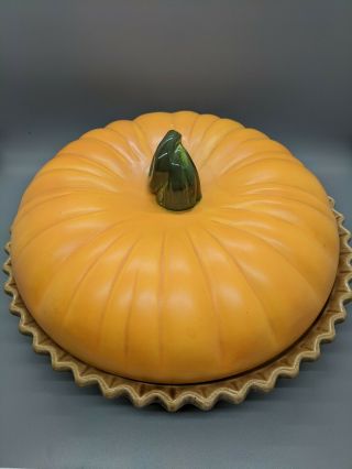 Vintage Ceramic Pumpkin Pie Plate With Pumpkin Cover And Recipe On Plate.