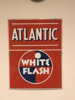 Vintage 1949 Porcelain Enamel Atlantic White Flash Gas Pump Plate Sign Ad Nos