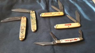 5 Vintage Pocket Knives 2 Coca Cola,  Trojan Seeds,  Roy Rogers,  Lone Ranger