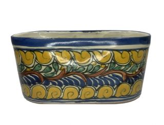 Talavera Amora Mexican Pottery Oval Planter Blue And Yellow Hand Painted