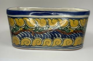 Talavera Amora Mexican pottery Oval planter blue and yellow hand painted 2