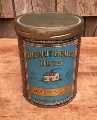 Vintage The Nut House,  Glace Nuts Tin Can Sign Lynn Mass Ship Graphics