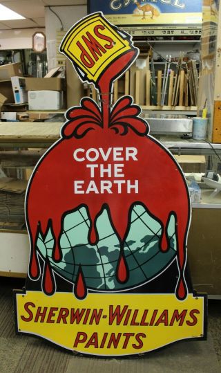 Vtg Swp Sherwin Williams Paints Cover The Earth 64 X 36 " Porcelain Sign