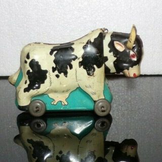 Vintage 3 1/4 " Tin Bull Milk Cow Holstein Nodder Head On Metal Wheels Japan