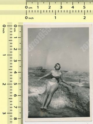 Bikini Woman With Shades Pose On Beach Rocks Swimwear Lady Portrait Old Photo