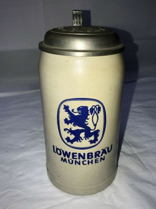 Vtg Lowenbrau Munchen 1 Liter Beer Stein Munich German Salt Glazed Blue Logo