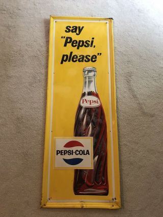 Vintage Pepsi Cola Vertical Bottle Sign 1960’s Say Pepsi Please Advertising Sign