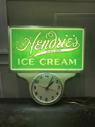 Vintage Hendries Ice Cream Lighted Sign Clock.  Rare