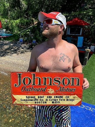 Vintage Johnson Outboard Motor Metal Savage Boat Dealer Sign Gasoline Boston Ma