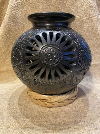 Vintage Dona Rosa Oaxaca Mexico Cut Out Black Wear Ceramic Pottery Vase