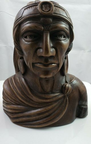 Vintage Hand Carved Native American Indian Chief Wood Head Bust