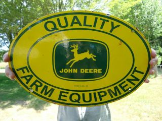 Large Old Vintage 1954 John Deere Quality Farm Equipment Porcelain Enamel Sign