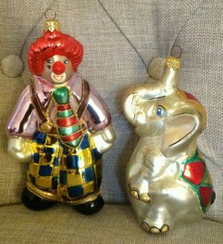 2 Rare Vintage Polonaise Circus Clown & Elephant Blown Glass Christmas Ornaments