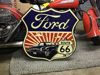 Rare Vintage Porcelain 30” 2 Sided 1967 Ford Mustang Route 66 Shield Shelby Gt