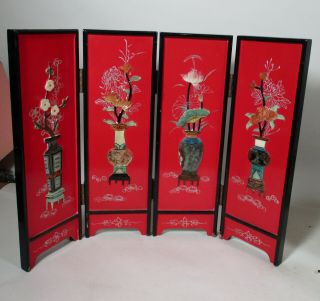 Vintage Japanese 4 Panel Folding Table Top Screen Lacquer Hand Painted 2d Flower