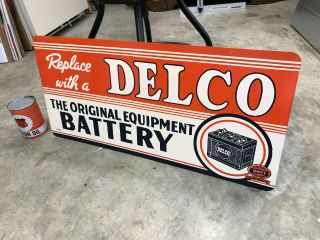 " Delco Battery " Metal Advertising Sign (32 " X 15 ") Very
