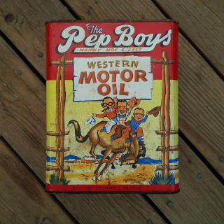 Pep Boys Vintage 2 Gallon Motor Oil Can Western Ed Manny Mo Jack Wear