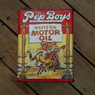Pep Boys Vintage 2 Gallon Motor Oil Can Western Ed Manny Mo Jack WEAR 3