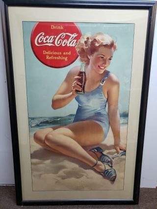 Rare And Htf 1940 Coca Cola Poster - Woman At The Beach W/coke - Niagara Litho.  Co