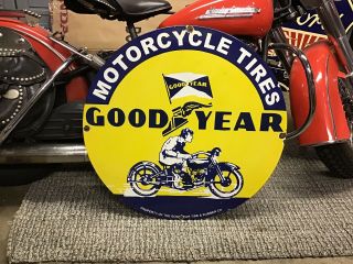 Rare Vintage Porcelain 30” Goodyear Motorcycle Tires Sign Harley Indian Triumph