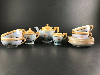 Childs Tea Set Daisy Floral Blue Peach Lusterware Made In Japan