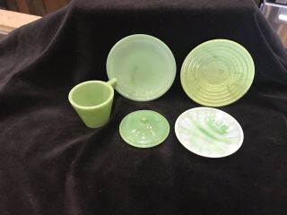 Vintage Akro Agate Jadeite Childs Tea Set Cup,  Plates Green Art Deco
