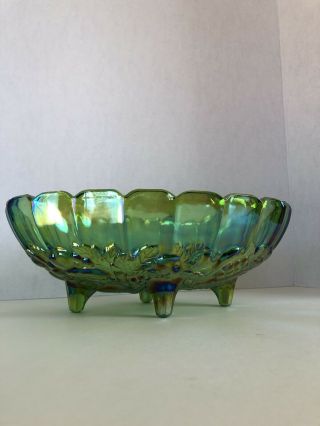 Vintage Footed Indiana Glass Lime Green Iridescent Oval Scalloped Center Bowl