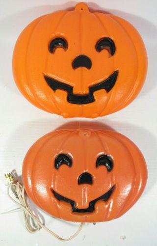 2 Vtg Halloween Blow Mold Jack O Lantern Pumpkin Lighted Window Hanging & Cord