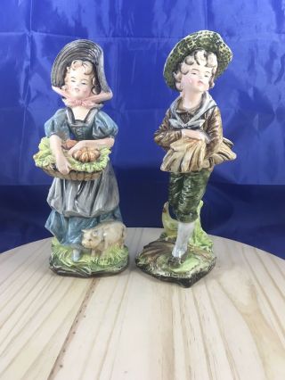Vintage Pacific Ceramic Frontier Farm Country Boy N Girl Thanksgiving Figurines