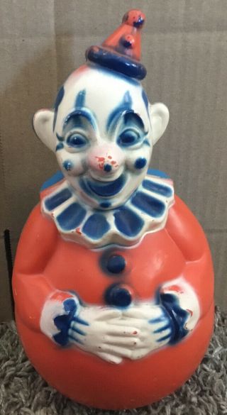 Vintage 1950s Roly - Poly Scary Circus Clown Celluloid Baby Chime Toy By Jb