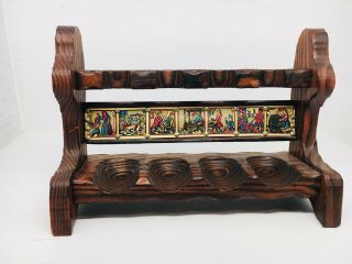 Vintage Pipe Display Stand Very Unique Carved Wood Made In Spain Holds 4 Pipes