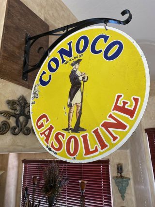 Large  Conoco Gasoline  Double Sided 25 Inch Porcelain Sign With Bracket