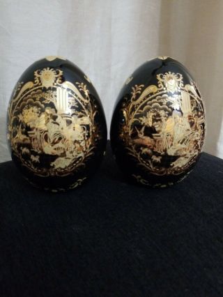 Set Of 2 Vintage Satsuma Chinese Ceramic Egg - Roman Scene Black Gold Gilt 4.  5 "