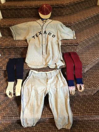 Vtg Gray 1930s - 1940s “texaco” Wool Baseball Uniform,  Hat And 2 Pairs Of Socks