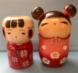 2 Japanese Kokeshi Style Wooden Figurines Wood Dolls