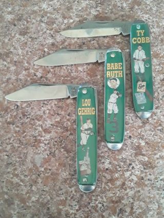 Set Of 3 Novelty Knife Co Baseball Heroes Babe Ruth Lou Gehrig Ty Cobb