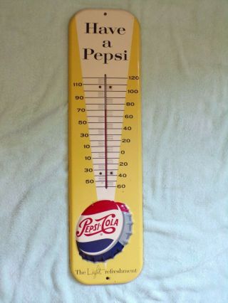 Vintage Pepsi Cola Tin Metal Embossed Bottle Cap Thermometer