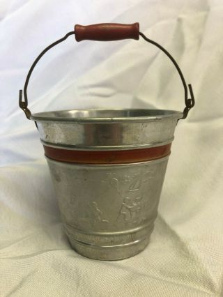 Vintage Embossed Tin Sand Pail Bucket With Red Handle Sr1