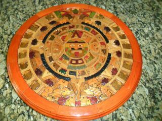 Mayan / Aztec Wooden Wall Plaque Calendar - Inlaid Mosaic Wood - 14 " Round