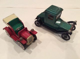 2 Vintage Tin Friction Toy Cars Bandai Green Packard And Red/green Friction Car