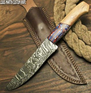 Louis Martin Rare Fixed Blade Custom Handmade Damascus Full Tang Hunting Knife