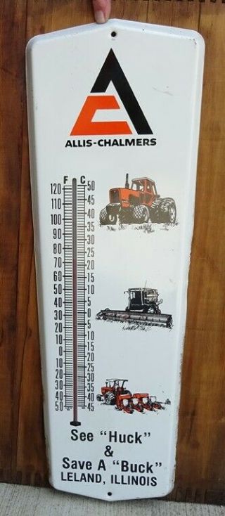 Vtg.  1960s Allis Chalmers Tractor Advertising Thermometer Sign / Leland Illinois