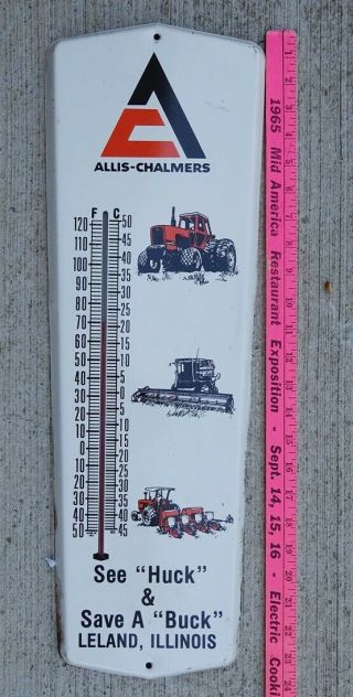 Vtg.  1960s Allis Chalmers Tractor Advertising Thermometer Sign / Leland Illinois 2