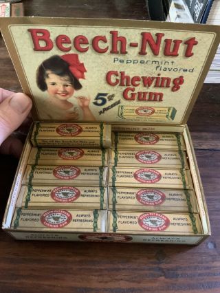 Vintage Nos 1929 Beech Nut Peppermint Gum Box,  11 Packs Gum,  Wow