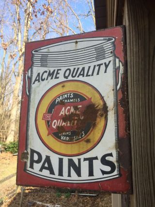 Acme Quality Paint 1930’s Enamel Porcelain Sign Rare Double Sided