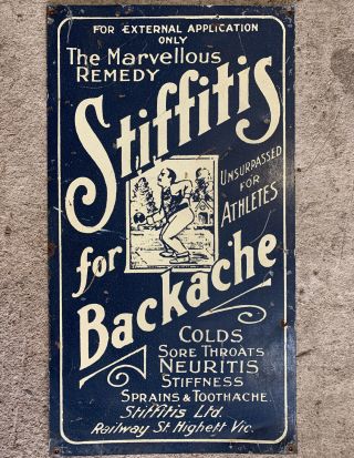 Stiffitus Remedy Vintage Australian Tin Pharmacy Shop Sign Melb Vic Rare