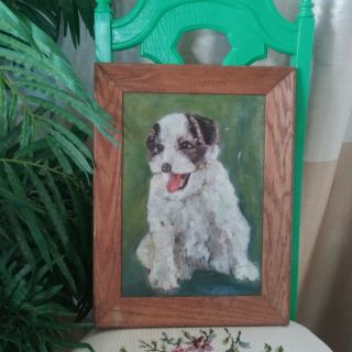 Vintage 13 X 17 Framed Jack Russel Terrier Dog Portrait Oil Painting 1965