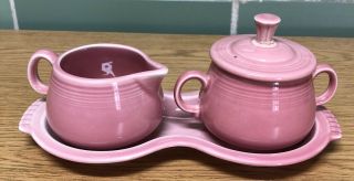 Vintage Homer Laughlin Fiesta Ware Rose Pink Cream & Sugar Bowls W/ Tray